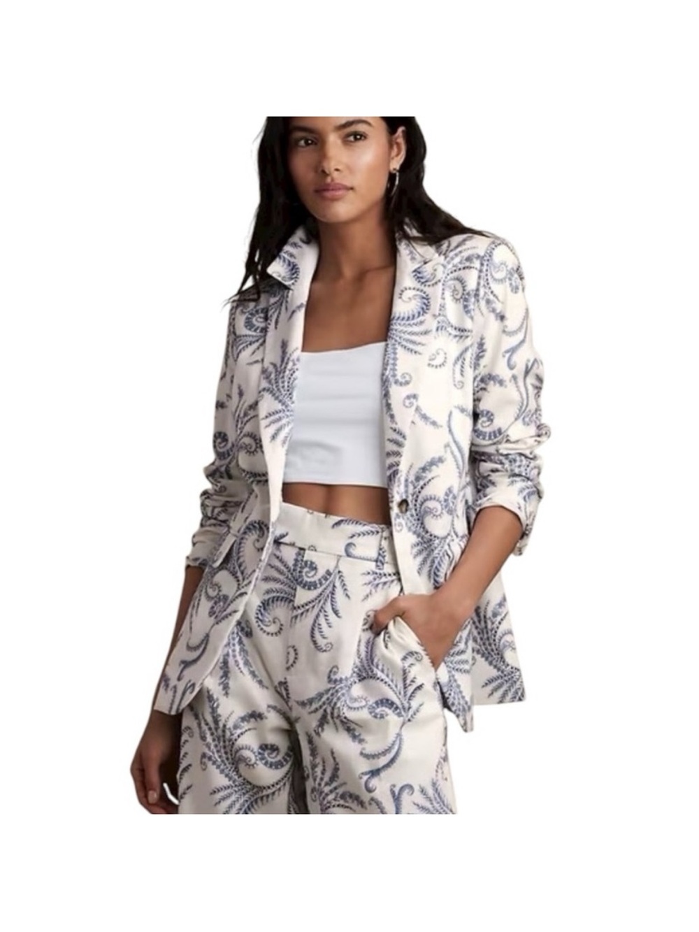 Banana Republic White Blazer Jacket Blue Paisley floral long and lean linen 0